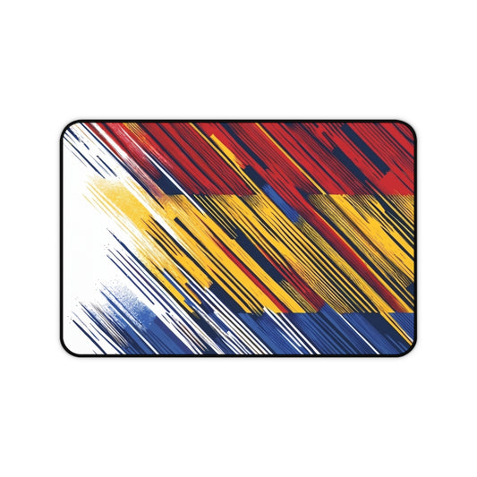 Colorful abstract flag brushstroke desk mat by Printify with red, yellow, and blue design, ideal for gaming or office use.