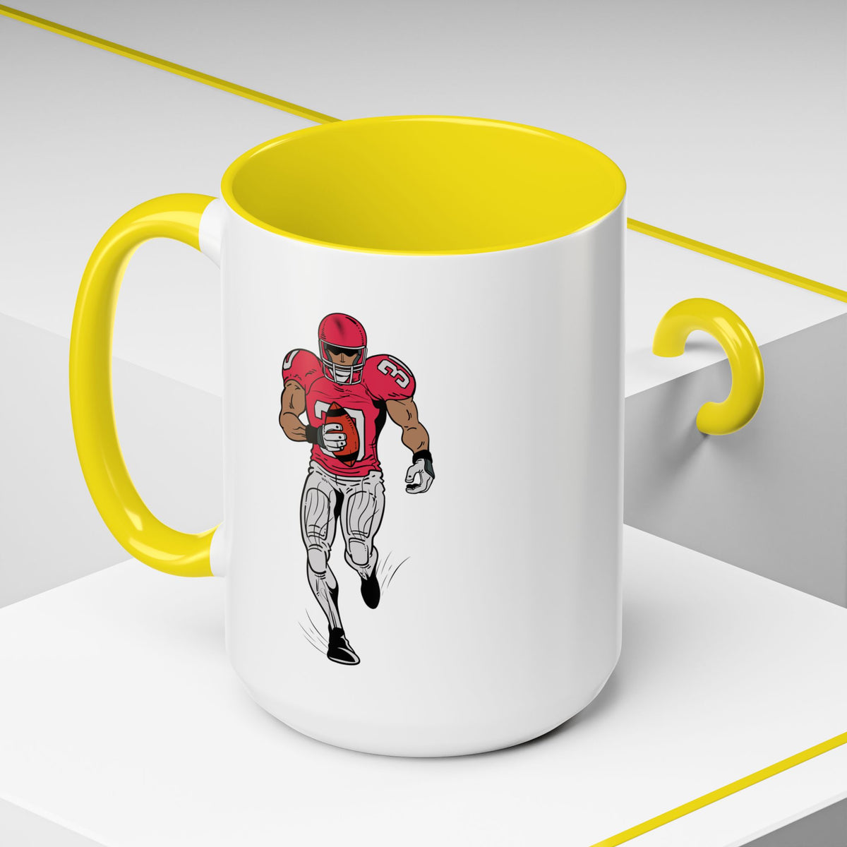Football player accent coffee mug featuring a running quarterback design, 11 oz Printify ceramic mug with sports-themed artwork.