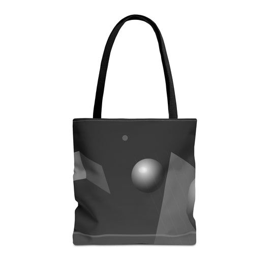 Abstract monochrome orb tote bag by Printify featuring a modern, artistic black and white design on durable fabric.