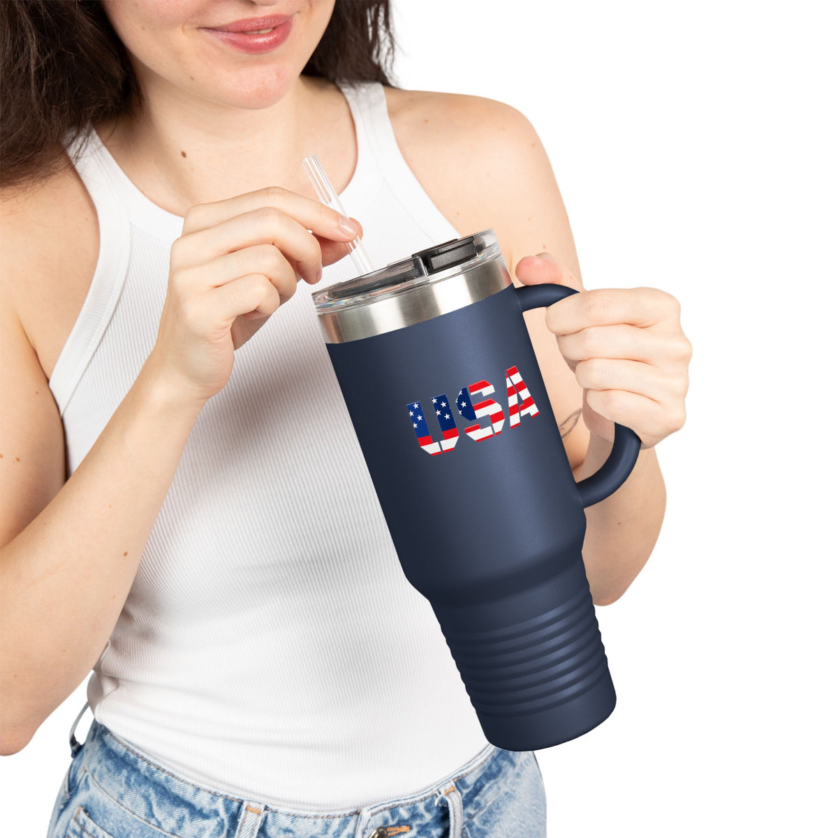 Printify USA insulated travel mug, 40oz tumbler designed for road trips, featuring a durable stainless steel body and leak-proof lid.