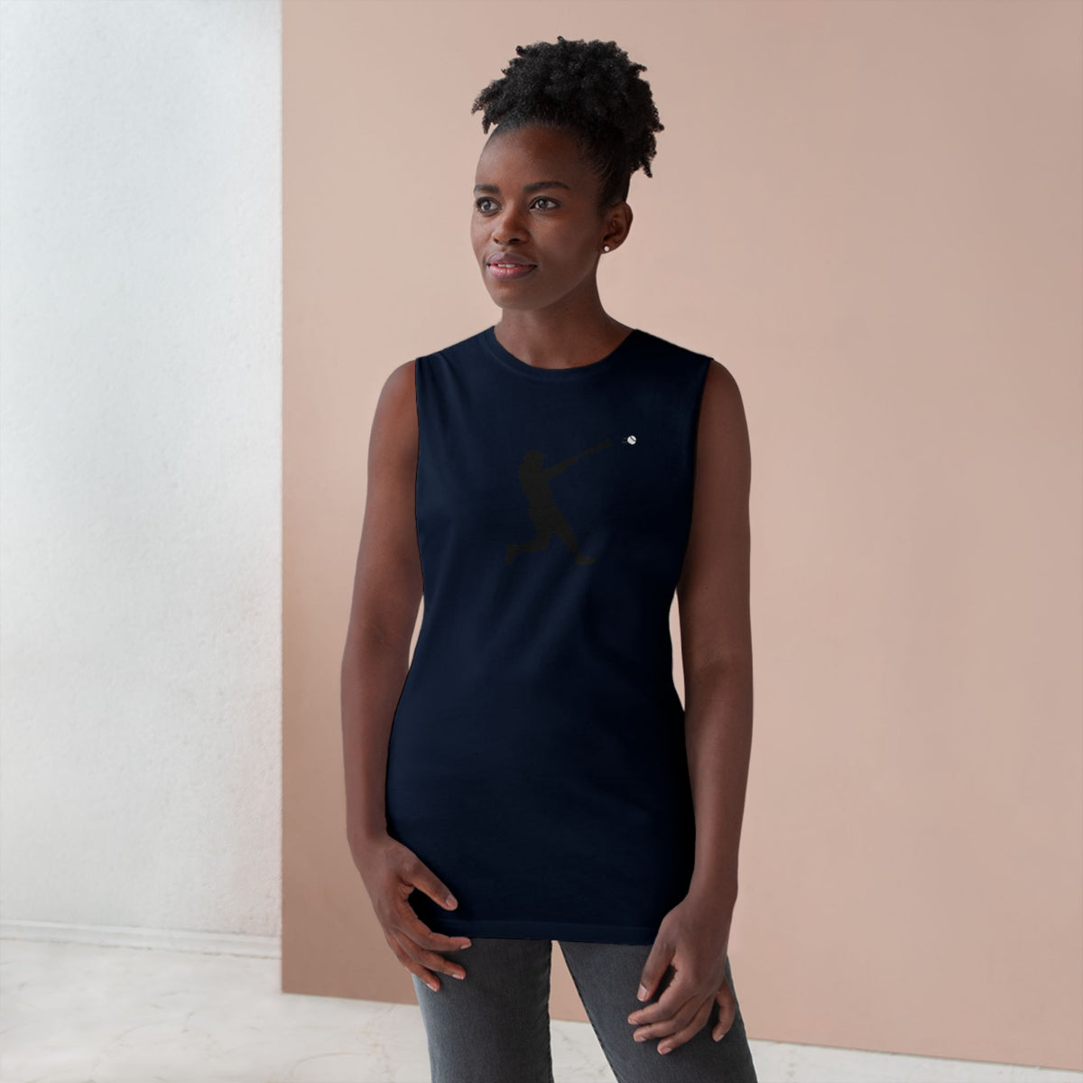 Black baseball batter silhouette tank top by Printify, minimal sports muscle tee with athletic design and sleeveless fit.