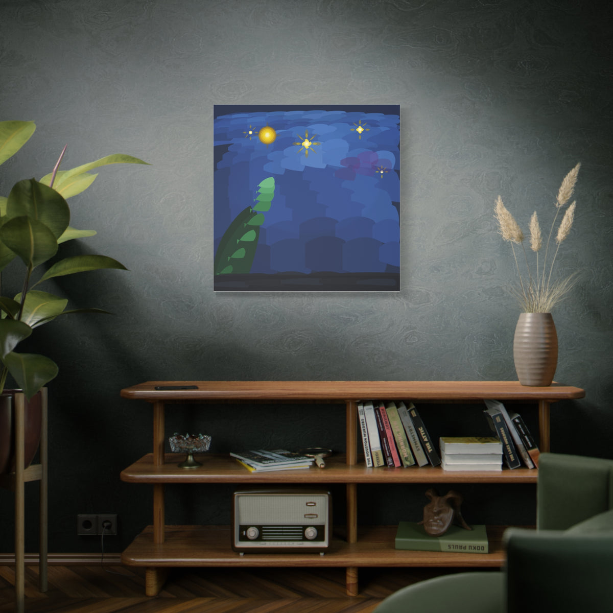 Starry Night Garden matte canvas print featuring a blue floral night sky wall art by Printify