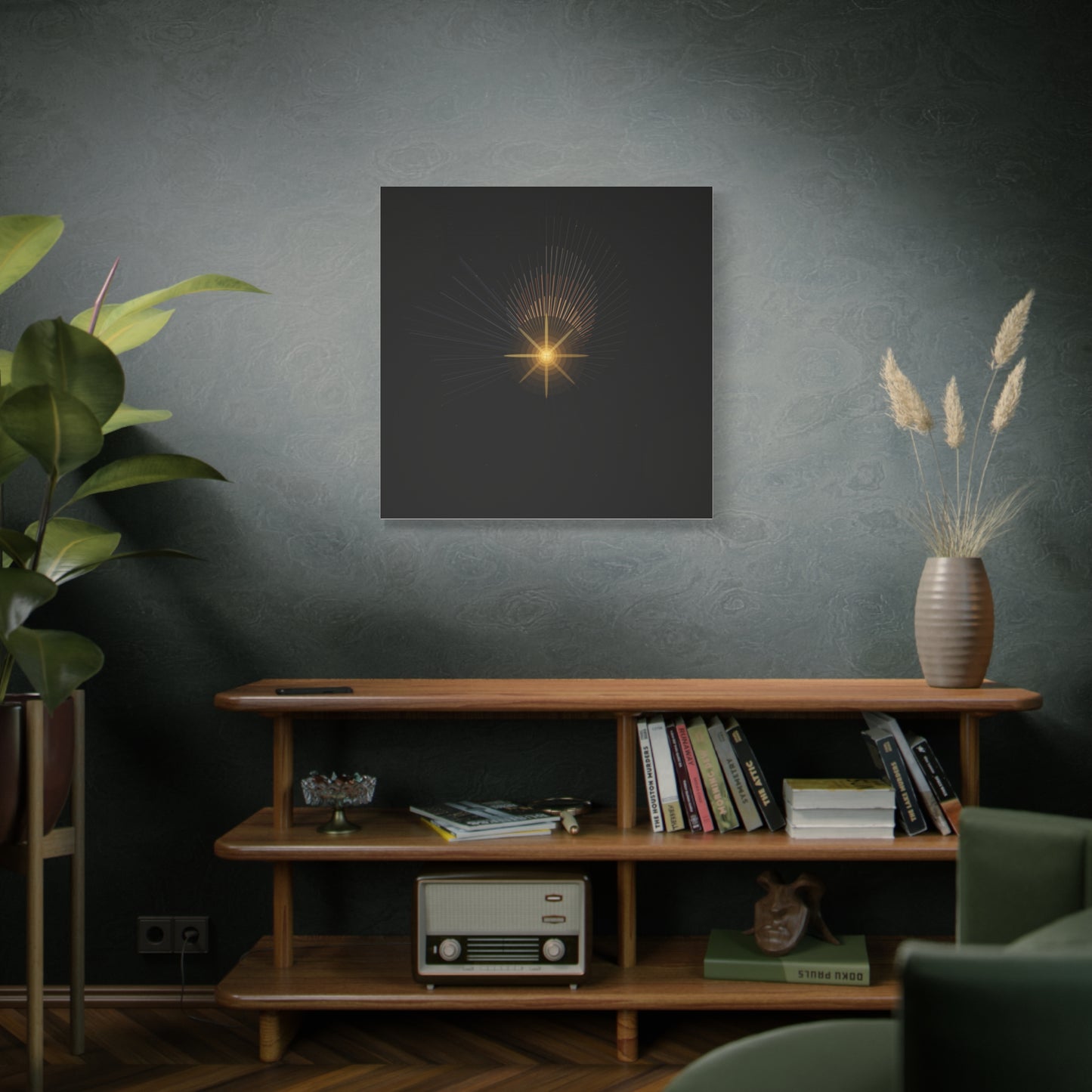 Abstract golden starburst canvas print by Printify featuring a radiant starburst design on textured canvas.