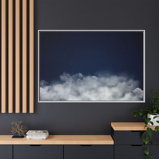 Night Sky Clouds matte canvas framed wall art by Printify featuring a starry night sky with clouds and a decorative frame.