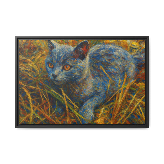 Framed matte canvas print of a blue cat sitting among autumn grasses, showcasing vibrant fall colors and detailed artwork.