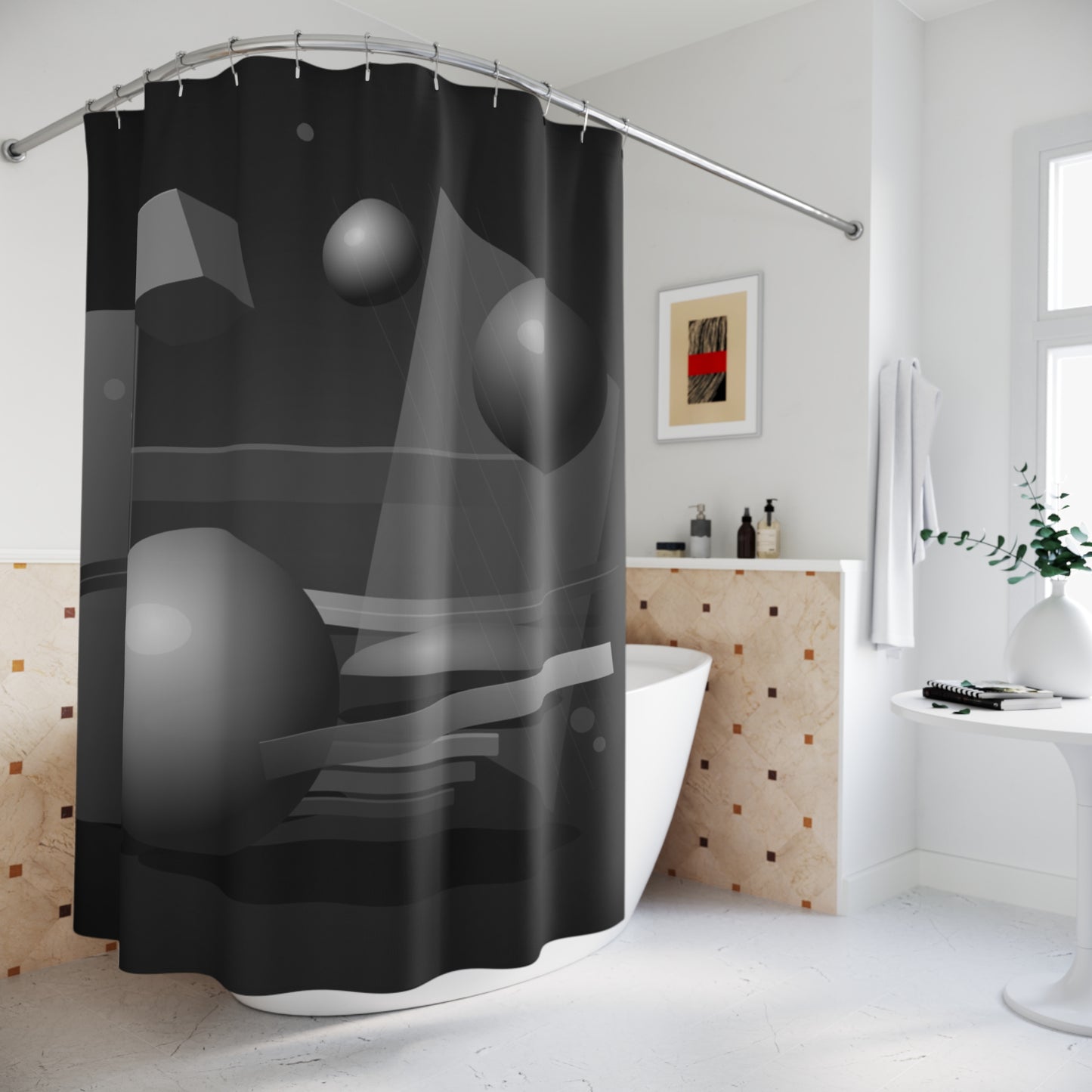 White shower curtain with black monochrome 3D geometric shapes for modern bathroom decor, featuring abstract design.