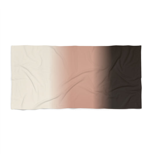 Neutral ombre stripe beach towel with gradient sand to chocolate colors, featuring a soft, absorbent fabric perfect for beach use.