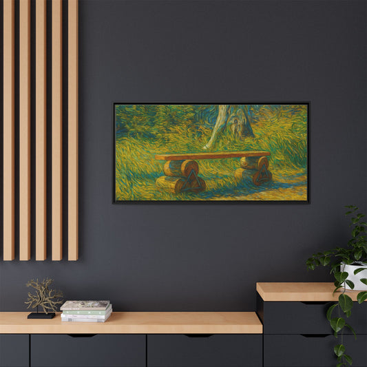 Framed matte canvas art of a sunlit garden bench landscape by Printify showing vibrant outdoor scenery.