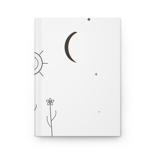 Minimal Moon and Sun Doodle hardcover journal with matte finish, featuring celestial design on the cover for writing and note-taking.