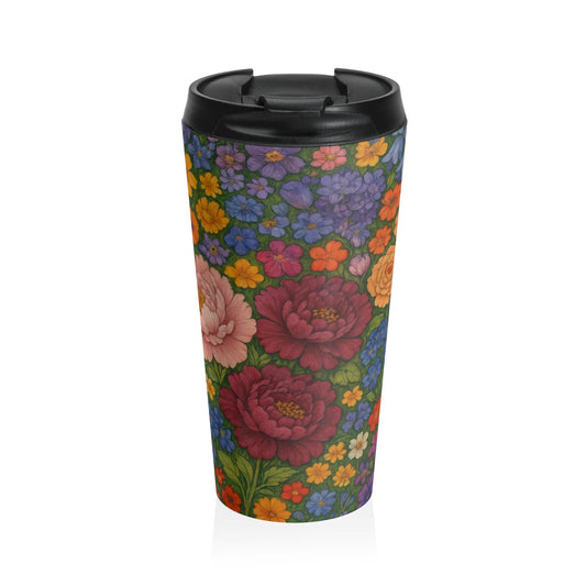 Vintage folk floral 15oz insulated stainless steel travel mug - view 2