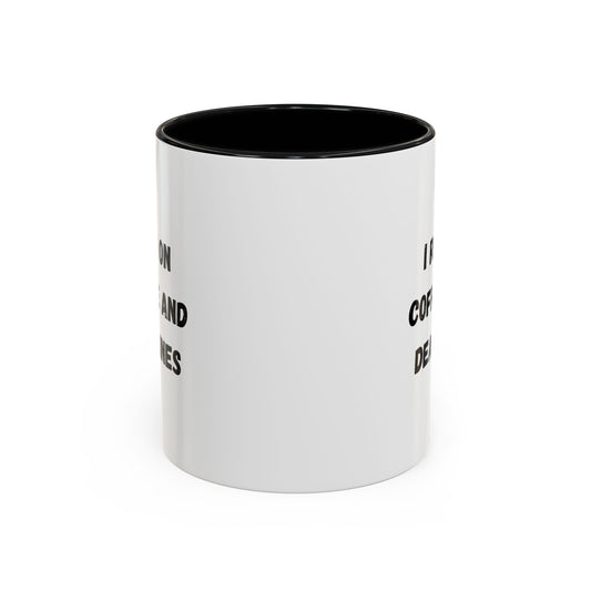 White ceramic coffee mug with "I Run on Coffee and Deadlines" printed in black text, perfect for coffee lovers and busy professionals.