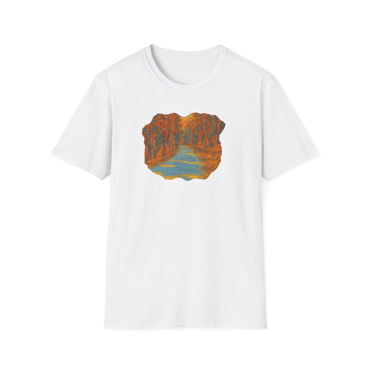 Printify Autumn Forest Path T-Shirt featuring a scenic fall landscape with colorful trees and a peaceful forest trail.