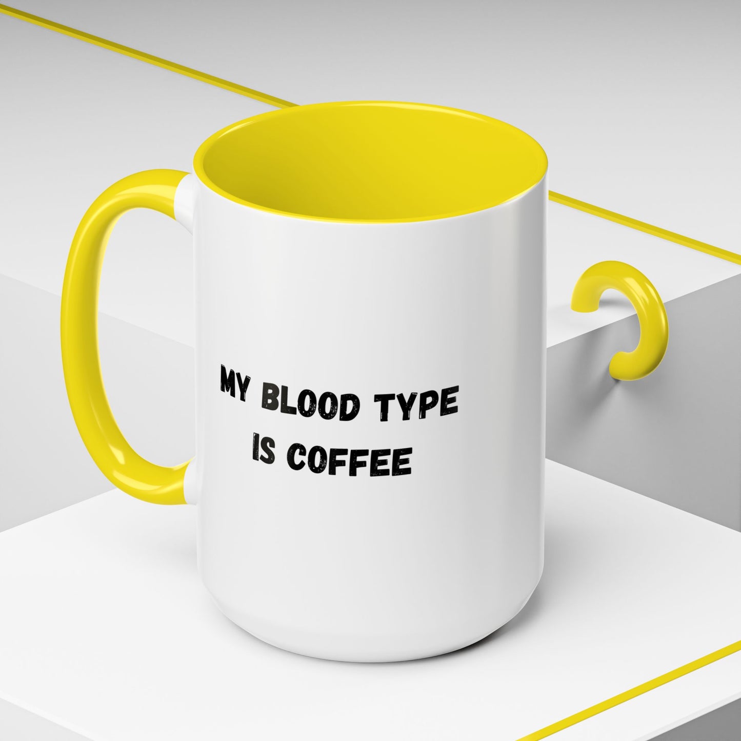 White ceramic coffee mug with "My Blood Type Is Coffee" humorous text, 11oz size, featuring a Printify logo.