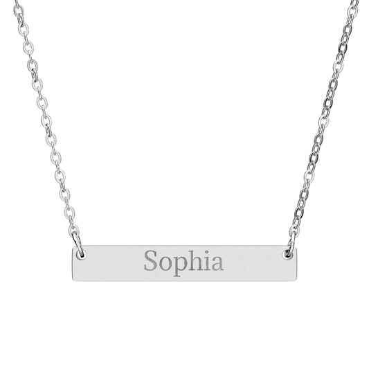 Personalized engraved bar necklace with custom horizontal name pendant, stylish accessories by Printify on a white background.