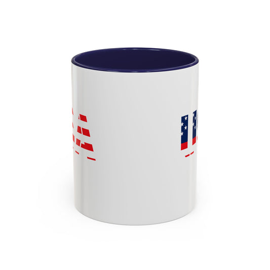 USA flag accent coffee mug with patriotic design, 11oz ceramic mug featuring red, white, and blue flag patterns.