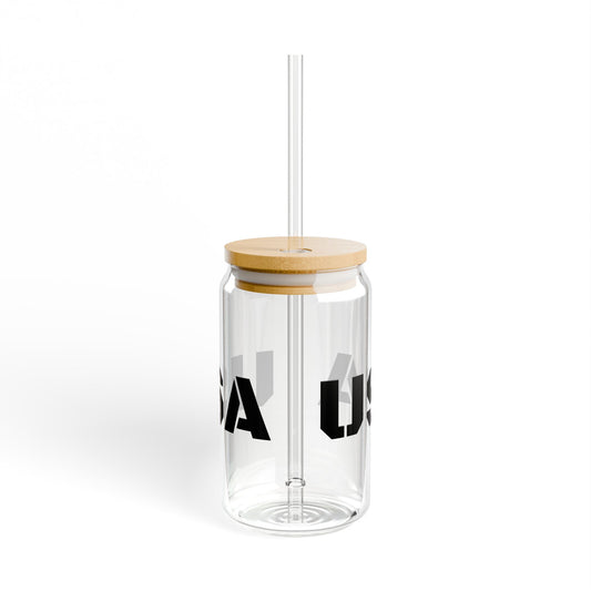Printify USA Sipper Glass Mug, 16oz, eco-friendly beverage container perfect for parties, outdoor use, or everyday drinking.