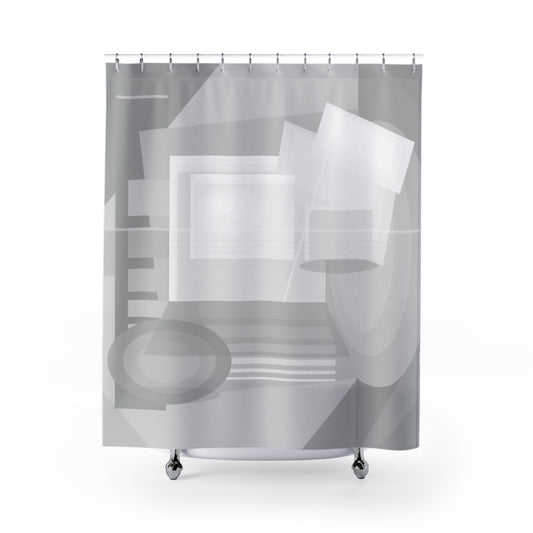 Gray abstract geometric bathroom shower curtain with modern minimalist design, featuring a stylish pattern for bathroom decor.