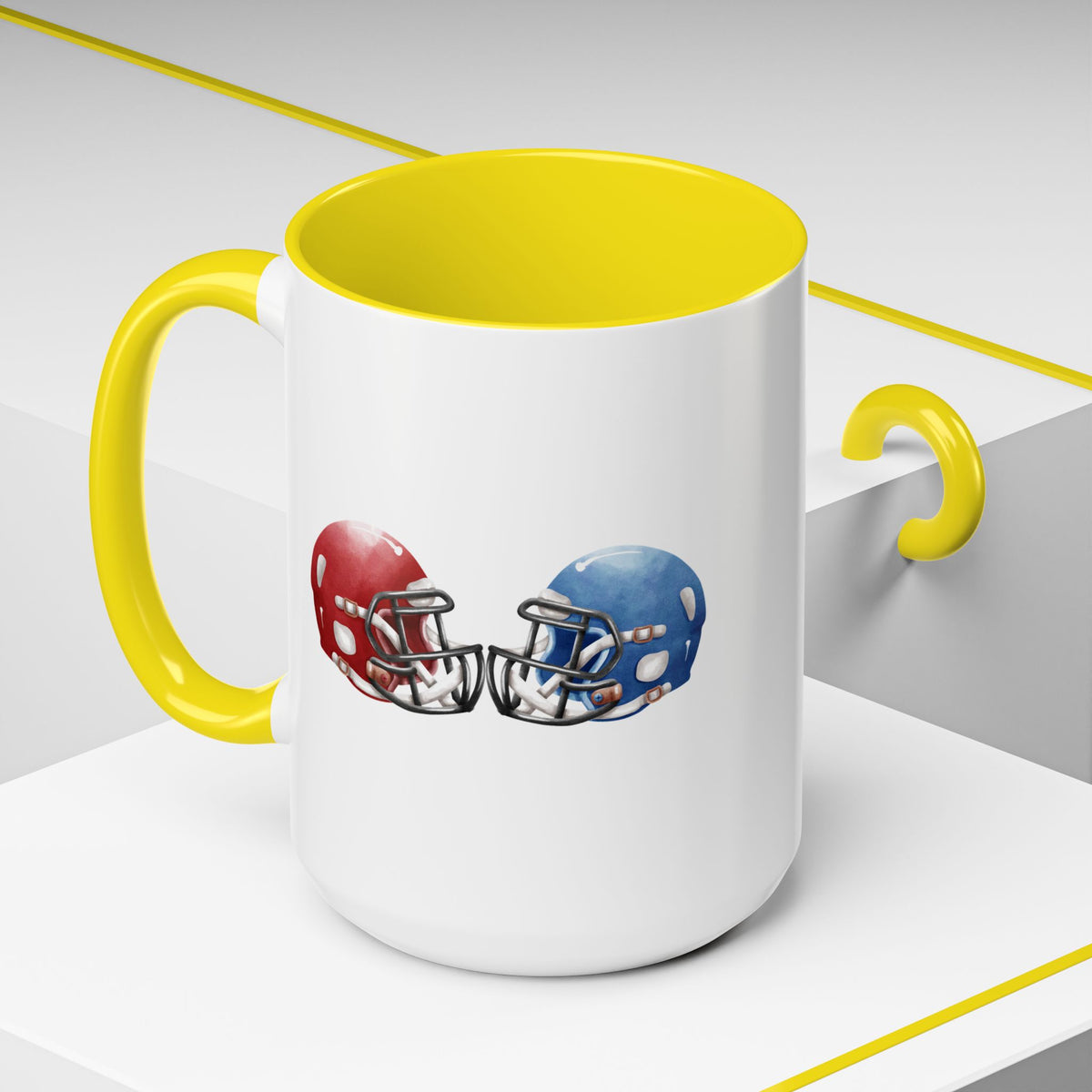 Red and blue helmet football rivalry accent mug, 11oz ceramic coffee cup with team colors and football design.