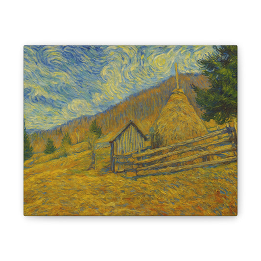 Impressionist rural haystack canvas wall art by Printify, showing a scenic landscape with a haystack on a stretched canvas.
