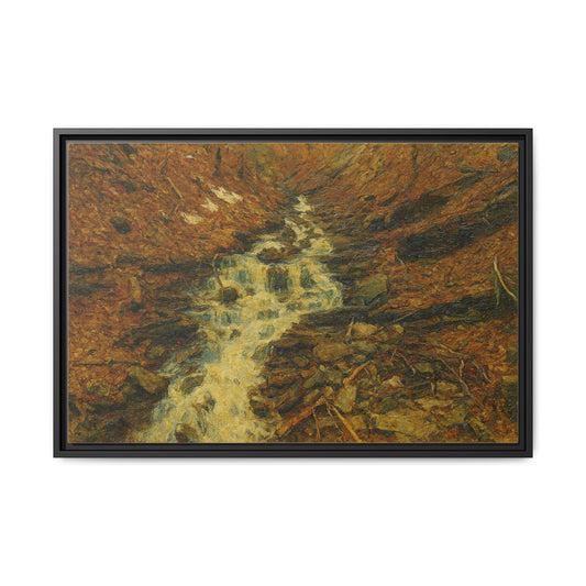 Framed matte canvas print of autumn stream landscape artwork by Printify, showcasing vibrant fall colors and serene nature scene.