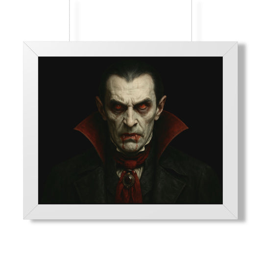 Framed vampire portrait poster featuring a dark, gothic art design from Printify, displayed in a stylish frame on a white background.