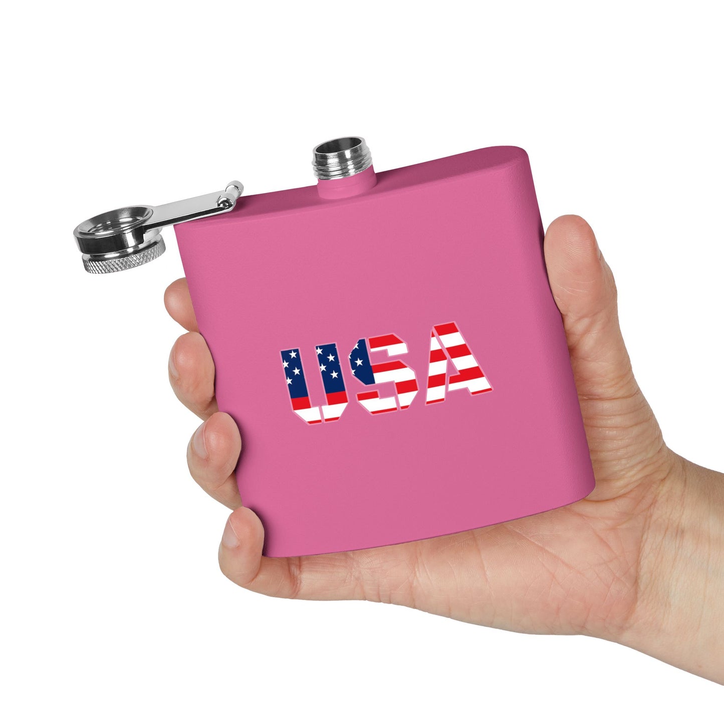 USA flag stainless steel flask, 6oz pocket hip flask featuring patriotic design for outdoor events and celebrations