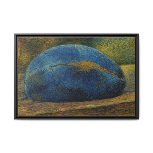 Framed matte canvas art of a blue stone still life wall print by Printify, featuring vibrant blue stones on a neutral background.