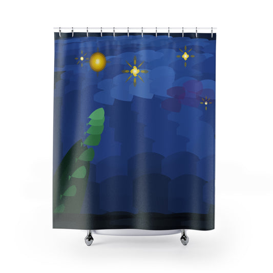 Starry Night Blue shower curtain featuring nautical ocean waves and star patterns, made by Printify.
