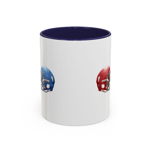 Red and blue football rivalry helmet mug with "Rivalry" text, 11oz ceramic coffee cup featuring team colors and design.