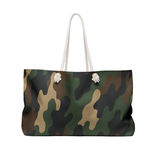 Military green camo weekender bag by Printify featuring a spacious travel tote for weekend getaways and outdoor adventures.