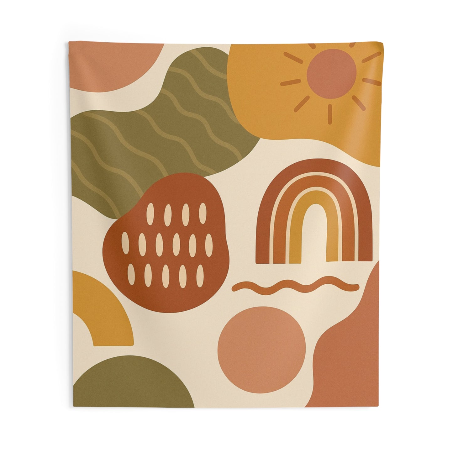 Boho Abstract Rainbow Tapestry — Retro Sun & Earthy Shapes Wall Hanging