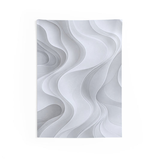 Abstract white wave wall tapestry by Printify featuring modern minimalist design, ideal for contemporary home decor.