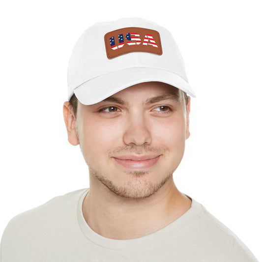 Printify dad hat with leather rectangle patch, casual cap featuring adjustable strap and stylish leather detail.