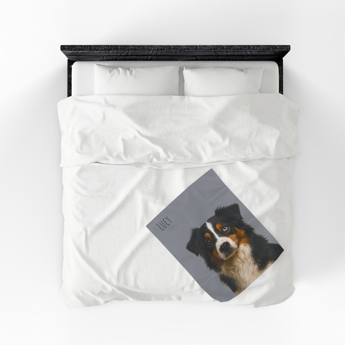 Personalized Aussie dog portrait blanket with velveteen plush fabric featuring all-over print design by Printify.