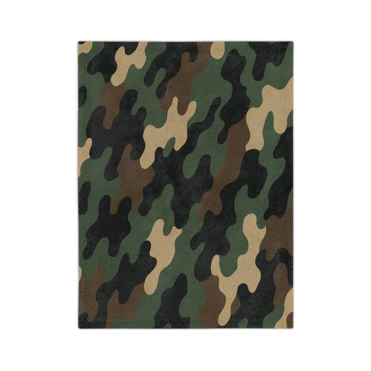 Soft woodland camouflage velveteen microfiber blanket by Printify, cozy throw with a camo pattern for comfort and style.