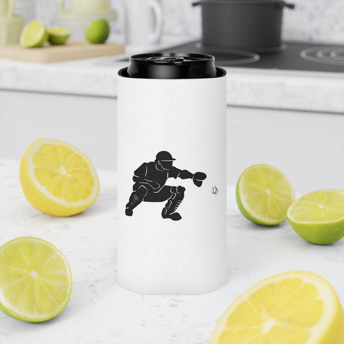 Printify baseball catcher can cooler, sports beverage koozie, insulated accessory for keeping drinks cold during games