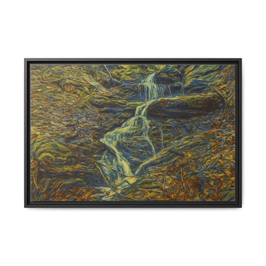 Framed matte canvas wall art of a vibrant autumn forest with a waterfall, by Printify, showcasing natural scenery and vivid colors.