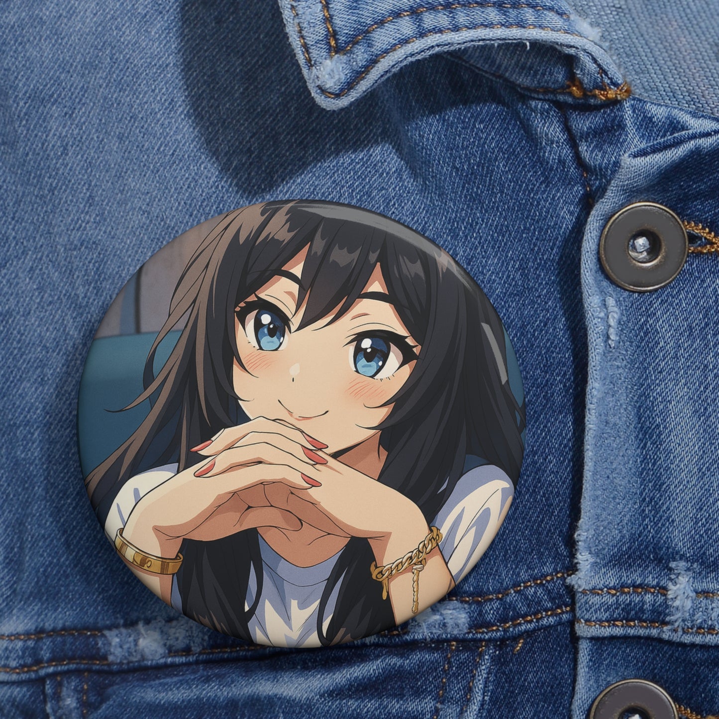 Anime girl illustration pin button accessory featuring colorful cartoon-style artwork, ideal for fans of anime-themed accessories.