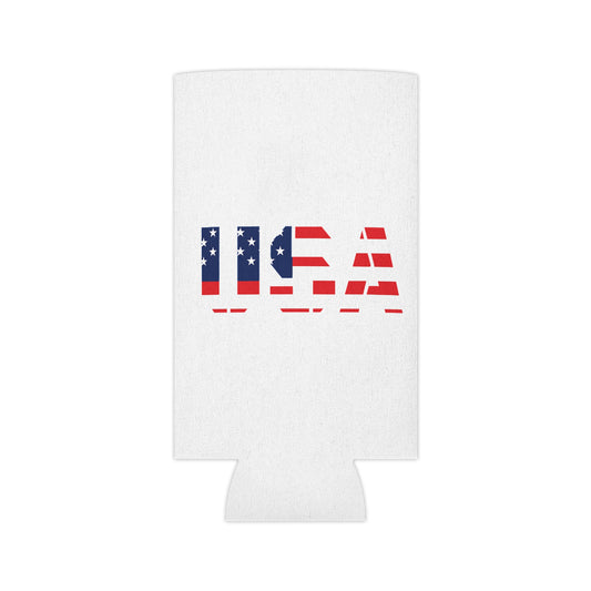USA flag can cooler by Printify, patriotic beer koozie for 4th of July and Memorial Day, fits standard 12 oz cans.