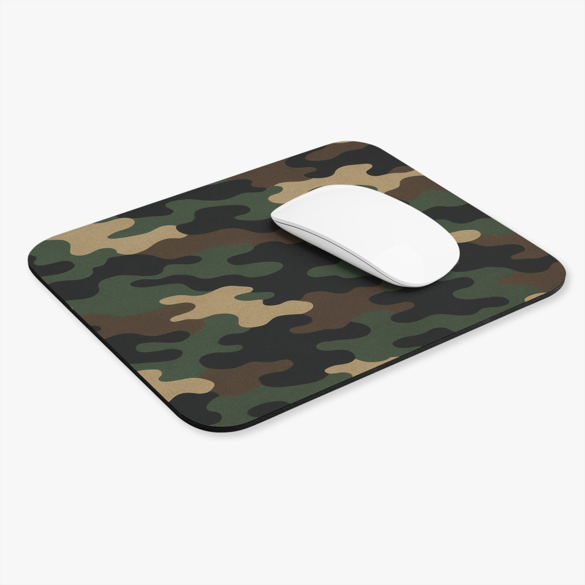 Military green camouflage rectangle mouse pad, Printify desk mat with military-style camo pattern on a smooth surface.