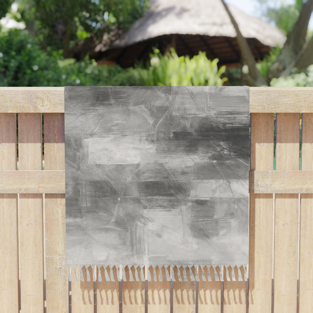 Elegant grey boho beach towel by Printify, perfect for summer pool, beach trips, and vacation relaxation.