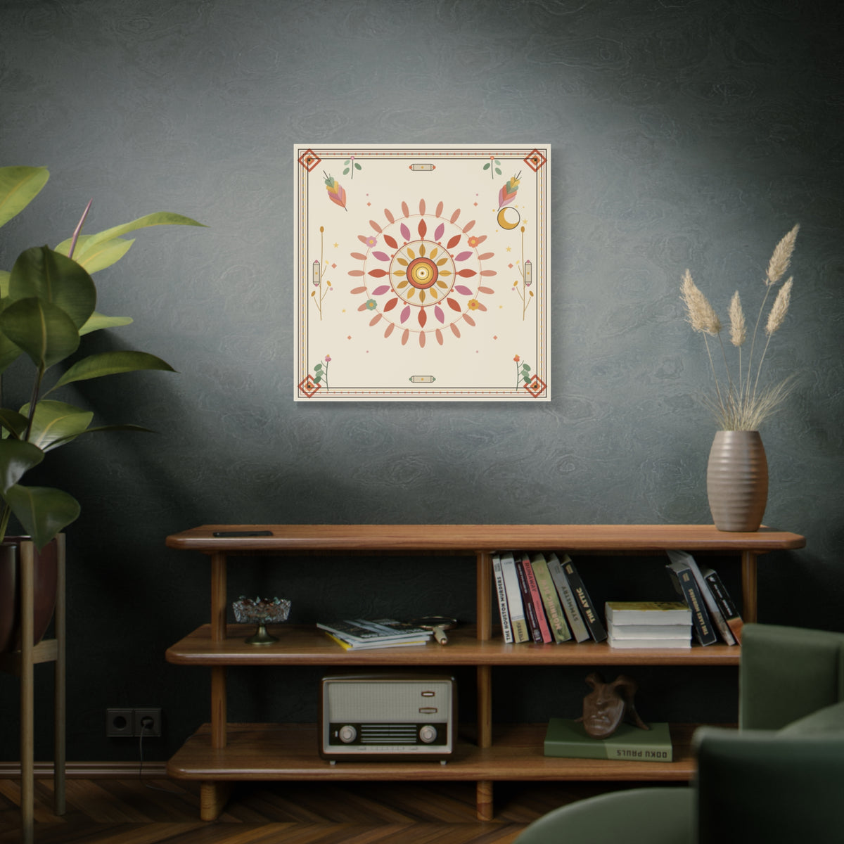 Boho Sun Mandala matte canvas print by Printify featuring a vibrant, intricate sun and mandala design on textured canvas.