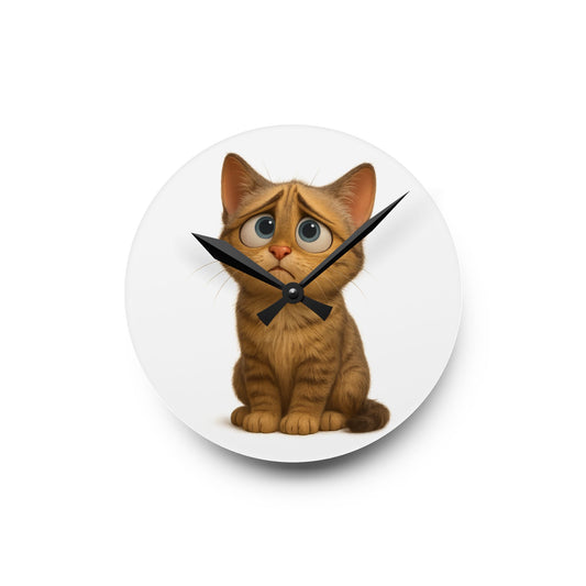 Cute cartoon kitten acrylic wall clock featuring a sad kitten design, ideal nursery cat decor from Printify.