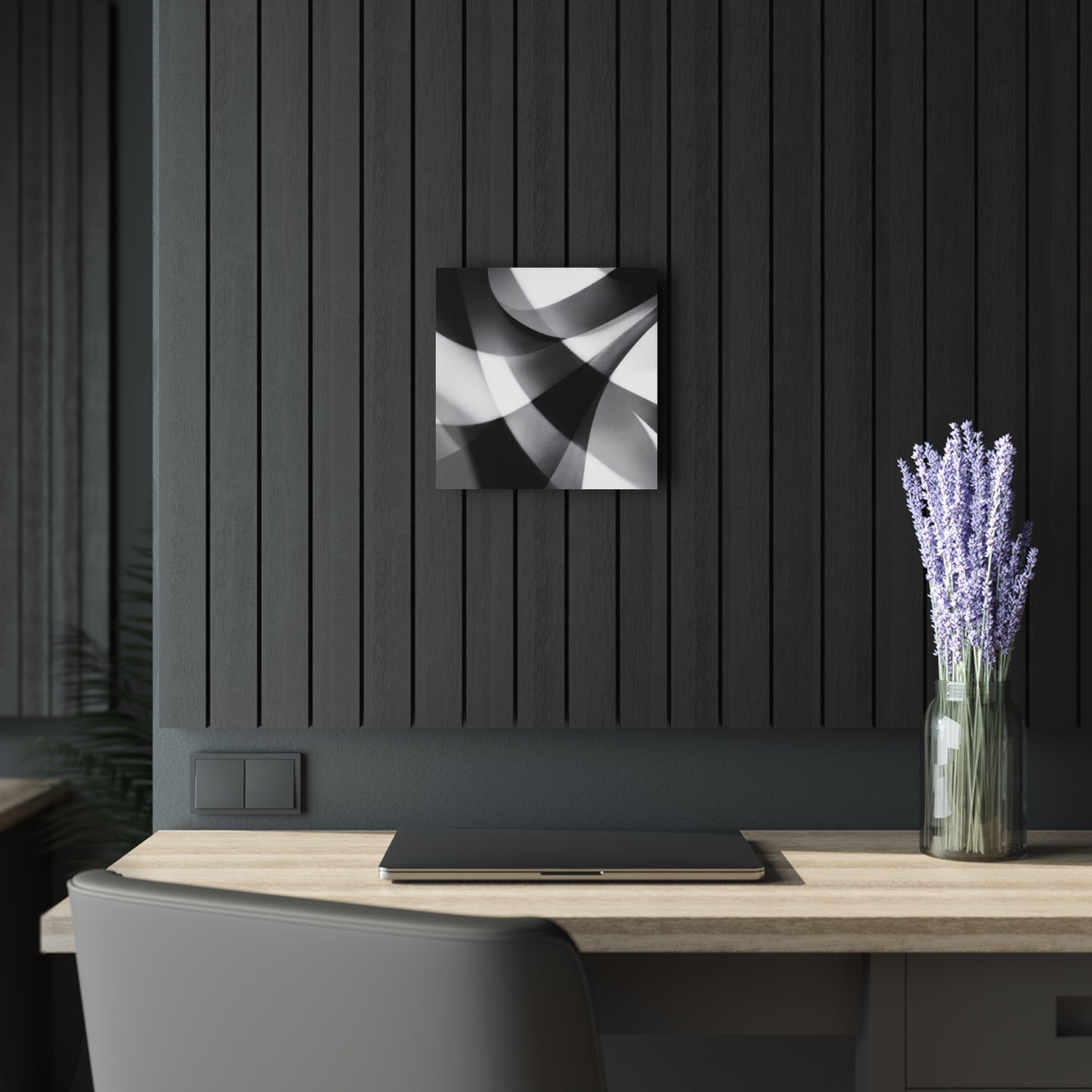 Abstract monochrome acrylic print wall art featuring modern black and white design with French cleat hanging system.
