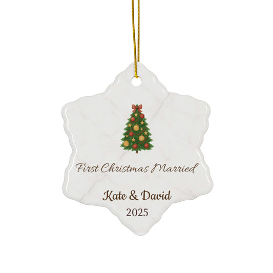 First Christmas married ceramic ornament with personalized names and year, featuring festive holiday design.
