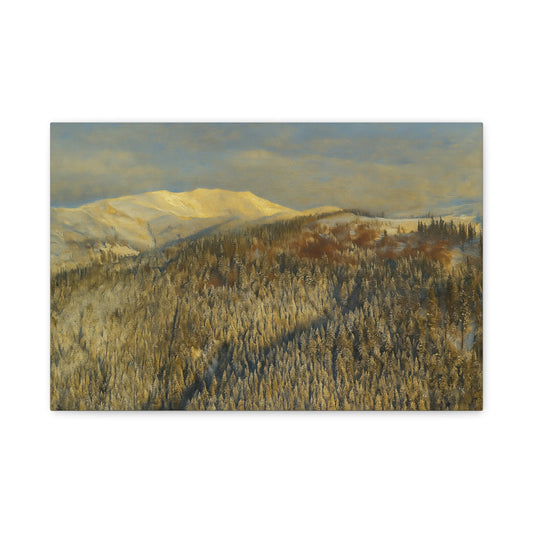 Winter mountain landscape matte canvas print by Printify, stretched 1.25 inches, showcasing snowy peaks and scenic mountain views.