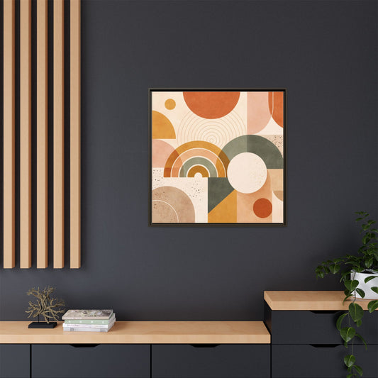 Abstract terracotta and geometric rainbow design on matte framed canvas print by Printify, showcasing vibrant colors and modern art style.
