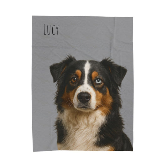 Personalized Aussie dog portrait velveteen plush blanket with all-over print, showcasing a custom pet design on soft, cozy fabric.