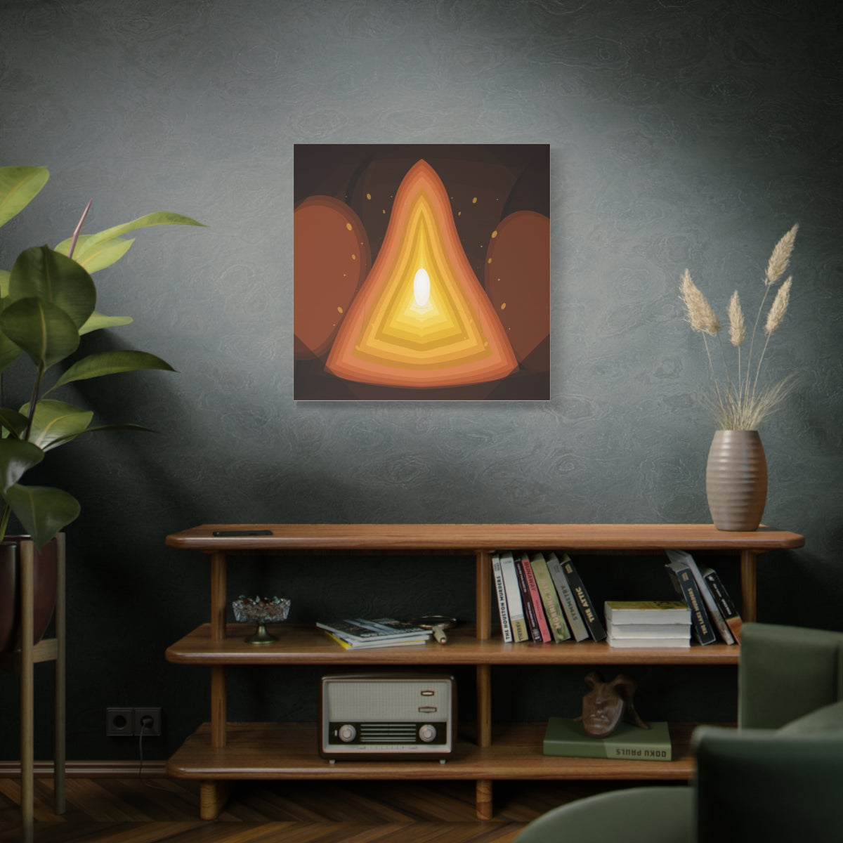 Abstract warm glow geometric sunburst wall art on canvas, vibrant colors and modern design by Printify.