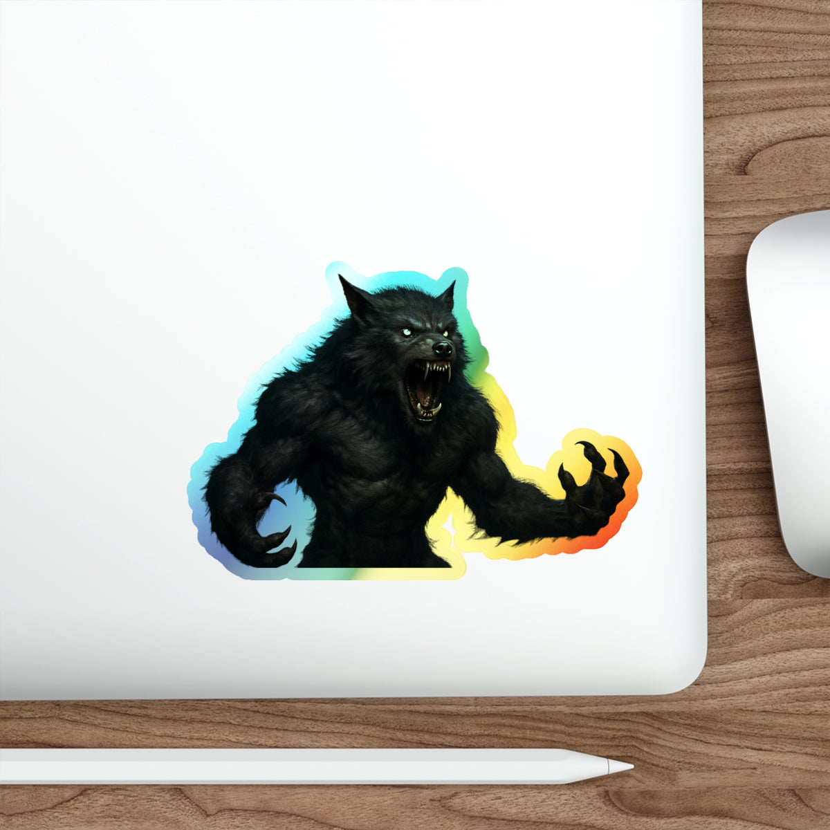 Holographic rainbow moonlight werewolf die-cut sticker on paper, featuring a detailed werewolf design with shiny holographic finish.